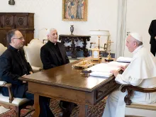 Pope Francis meets with Father Antonio Spadaro, director of La Civilta Cattolica, and Father Arturo Sosa Abascal, General of the Society of Jesus, in Vatican City on Feb. 9, 2017. 