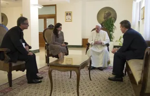 Pope Francis meets with Greg Burke and Paloma García Ovejero, July 11, 2016.   L'Osservatore Romano/CNA
