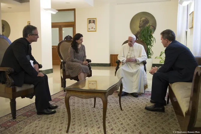 Pope Francis meets with Greg Burke and Paloma Garca Ovejero July 11 2016 Credit LOsservatore Romano