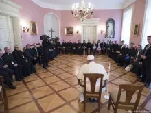 Pope Francis meets with Jesuits in Krakow July 30, 2016. 