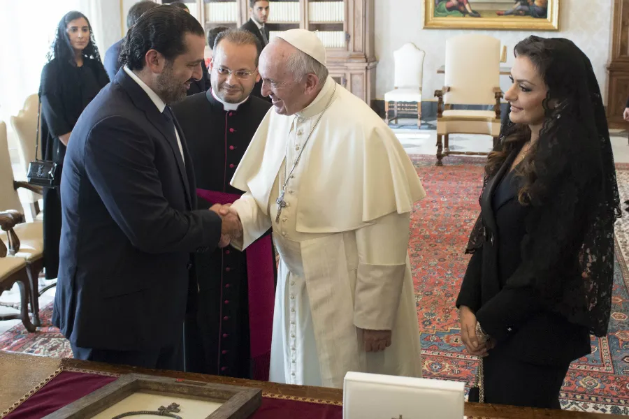Pope Francis meets with Lebanese prime minister Saad Hariri and his wife, Lara Bashir Al Azem, at the Vatican, Oct. 13, 2017. ?w=200&h=150