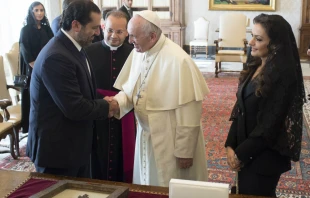 Pope Francis meets with Lebanese prime minister Saad Hariri and his wife, Lara Bashir Al Azem, at the Vatican, Oct. 13, 2017.   L'Osservatore Romano.