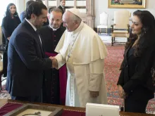 Pope Francis meets with Lebanese prime minister Saad Hariri and his wife, Lara Bashir Al Azem, at the Vatican, Oct. 13, 2017. 