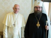Pope Francis meets with Metropolitan Ratislav, Archbishop of Prešov, at the Vatican, May 11, 2018. 