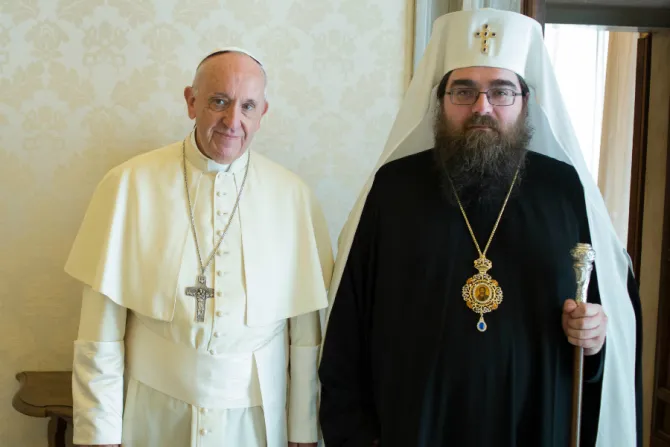 Pope Francis meets with Metropolitan Ratislav Archbishop of Preov at the Vatican May 11 2018 Credit Vatican Media CNA
