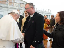 Pope Francis meets with Mike Haines and Barbara Henning, relatives of aid workers killed by the Islamic State. 