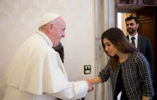 Pope Francis meets with Nobel Peace prize winner Nadia Murad Dec. 20, 2018.   Vatican Media.