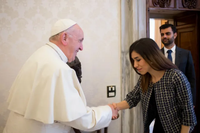 Pope Francis meets with Nobel Peace prize winner Nadia Murad Credit Vatican Media CNA Size
