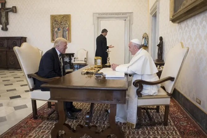 Pope Francis meets with President Donald Trump in the papal library of the Apostolic Palace May 24 2017 Credit LOsservatore Romano CNA