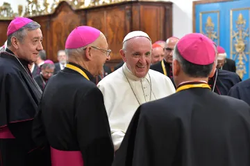 Pope Francis meets with bishops in the sacristy of the Santiago Cathedral in Chile on January 16 2018 Credit Vatican Media 1 CNA