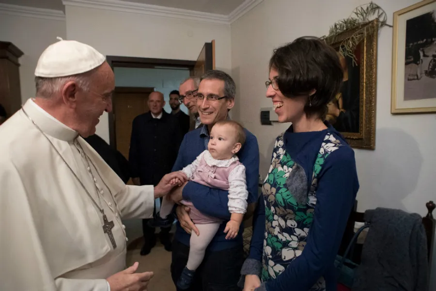Pope Francis meets former priests and their families at an apartment in Rome's Ponte di Nona neighborhood as his last Mercy Friday initiative, Nov. 11, 2016. ?w=200&h=150