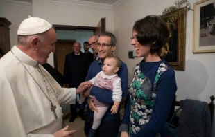 Pope Francis meets former priests and their families at an apartment in Rome's Ponte di Nona neighborhood as his last Mercy Friday initiative, Nov. 11, 2016.   L'Osservatore Romano.
