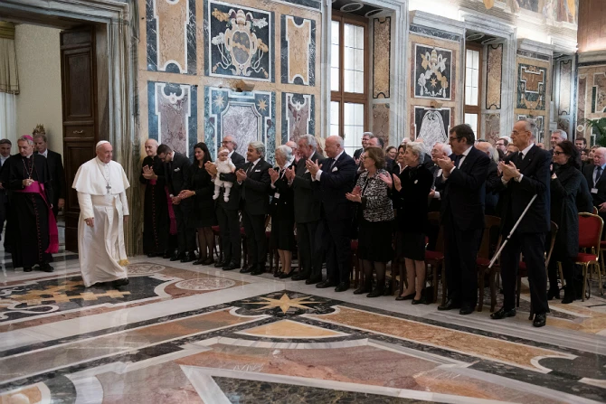 Pope Francis meets with members of the Order of the Holy Sepulchre in the Vaticans Clementine Hall Nov 16 2018 Credit Vatican Media CNA