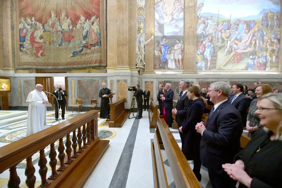 Pope Francis meets with officers and directors of the Knights of Columbus, and their families, in the Vatican's Capella Paolina, Feb. 12, 2020. ?w=200&h=150