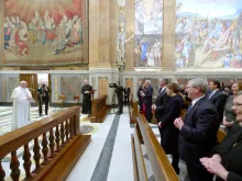 Pope Francis meets with officers and directors of the Knights of Columbus, and their families, in the Vatican's Capella Paolina, Feb. 12, 2020. 