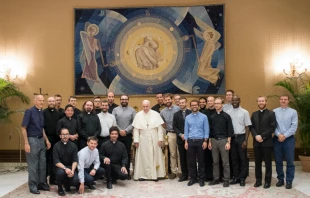Pope Francis meets with participants in the 'European Jesuits in Formation' encounter in the anteroom of the Vatican's Paul VI Hall, Aug. 1, 2018.   Vatican Media.