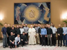Pope Francis meets with participants in the 'European Jesuits in Formation' encounter in the anteroom of the Vatican's Paul VI Hall, Aug. 1, 2018. 