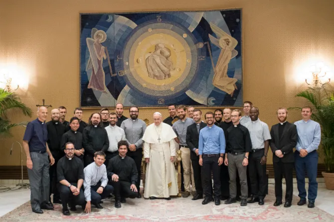 Pope Francis meets with participants in the European Jesuits in Formation encounter in the anteroom of the Vaticans Paul VI Hall Aug 1 2018 Credit Vatican Media CNA