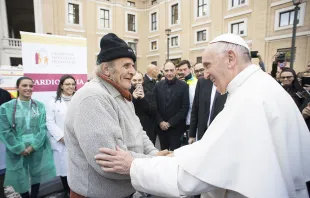 Pope Francis greets a participant in the World Day of the Poor in Rome, Nov. 16, 2017. L'Osservatore Romano.