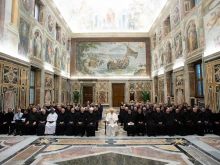 Pope Francis meets with participants in the general chapter of the Brothers Hospitallers of Saint John of God in the Vatican's Clementine Hall, Feb. 1, 2019. 