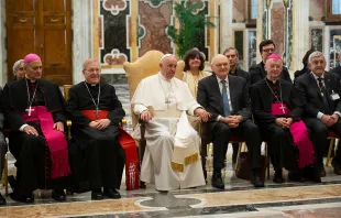 Pope Francis meets with participants in the plenary session of the Pontifical Academy of Social Sciences at the Vatican's Clementine Hall, May 2, 2019.   Vatican Media.