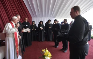Pope Francis meets with priests and religious in Cairo, Egypt April 29, 2017.   L'Osservatore Romano.
