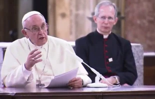 Pope Francis addresses priests and religious at the Santiago Metropolitan Cathedral in Santiago, Chile, Jan. 16, 2018.   Vatican Media.