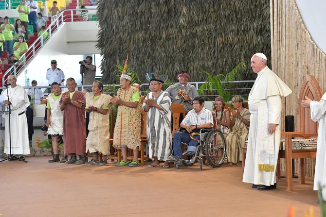 Pope Francis meets with the Peoples of the Amazon in Puerto Maldonado on January 19 2018 Credit Vatican Media CNA