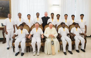 Pope Francis meets with the St. Peter's Cricket Club at the Vatican, Sept. 9, 2014.   L'Osservatore Romano.