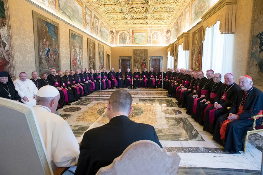 Pope Francis receives the bishops of England and Wales for their ad limina visit at the Vatican, Sept. 28, 2018. ?w=200&h=150