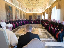 Pope Francis receives the bishops of England and Wales for their ad limina visit at the Vatican, Sept. 28, 2018.
