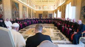Pope Francis receives the bishops of England and Wales for their ad limina visit at the Vatican, Sept. 28, 2018.