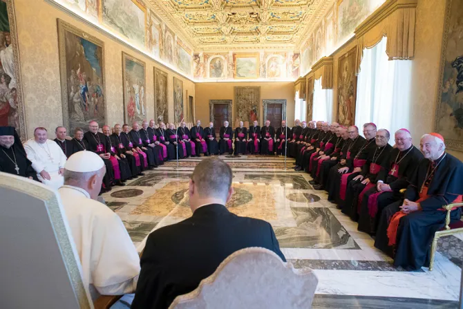 Pope Francis meets with the bishops of England and Wales for their ad limina visit in the Vatican Sept 28 2018 Credit Vatican Media CNA