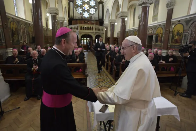 Pope Francis meets with the bishops of Ireland during the 2018 World Meeting of Families Credit   Vatican Media CNA