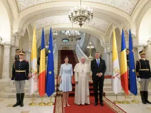 Pope Francis meets with the president of Romania Klaus Iohannis in Bucharest May 31, 2019. 