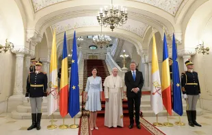 Pope Francis meets with the president of Romania Klaus Iohannis in Bucharest May 31, 2019.   Vatican Media.