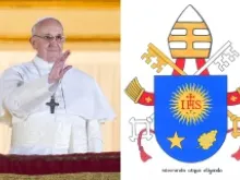 Pope Francis, his coat of arms and motto. CNA file photo.