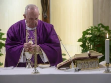 Pope Francis offers a private Mass in the chapel of Casa Santa Marta March 15, 2020. 