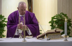 Pope Francis offers a private Mass in the chapel of Casa Santa Marta March 15, 2020.   Vatican Media.