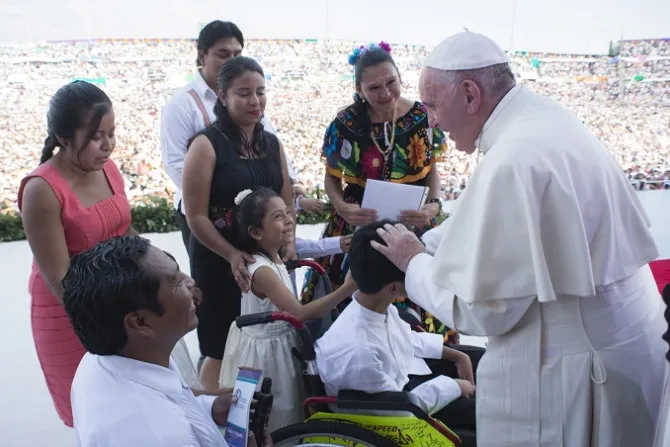 Pope Francis participates in a Feb 16 2016 meeting with families at the Vctor Manuel Reyna stadium in Tuxtla Gutirrez Chiapas Mexico Credit LOsservatore Romano CNA