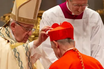 Pope Francis places a red biretta on the head of a new cardinal during a consitory June 28 2018 Credit Daniel Ibez CNA CNA