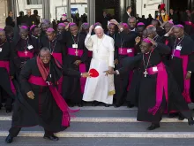 Pope Francis poses for a photo with African Bishops outside the Synod Hall, Oct. 23, 2015. 