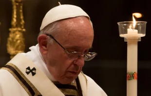 Pope Francis prays at Mass on Candlemas Feb. 2, 2018.   Daniel Ibanez/CNA.