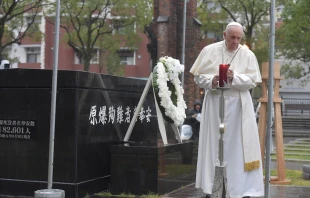 Pope Francis prays at the Nagasaki ground zero site on Nov. 24, 2019. Vatican Media.