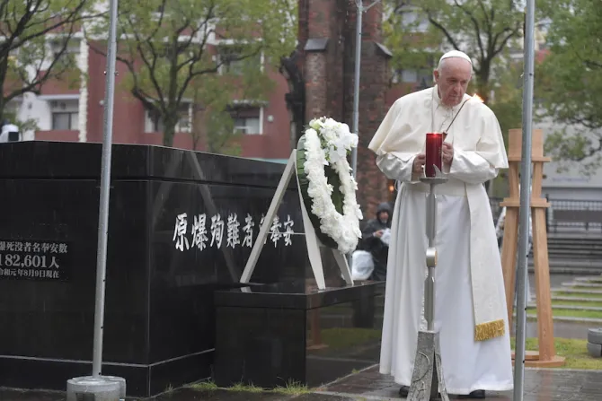 Pope Francis prays at the Nagasaki ground zero site on Nov 24 2019 Credit Vatican Media 