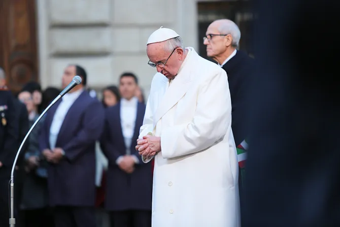 Pope Francis prays at the Piazza di Spagna to being the Jubilee Year of Mercy Dec 8 2015 Credit Daniel Ibanez CNA 12 8 15