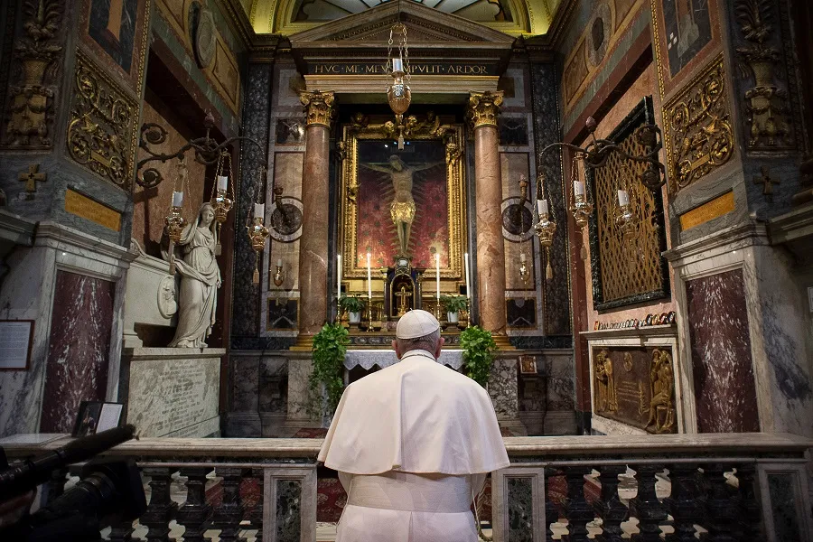 Pope Francis prays before the crucifix of the Church of San Marcello al Corso March 15, 2020. ?w=200&h=150