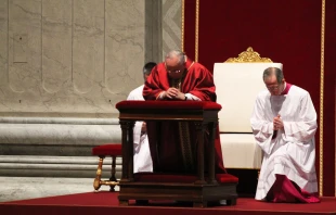 Pope Francis in prayer during the Liturgy of the Passion on Good Friday at St. Peter's Basilica, April 3, 2015.   Martha Calderon/CNA.