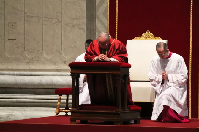 Pope Francis prays during the Liturgy of the Passion on Good Friday at St Peters Basilica on April 3 2015 Credit Martha Calderon CNA 4 3 15