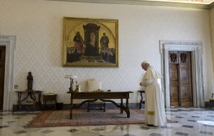 Pope Francis prays global Our Father March 25, 2020.   Vatican Media.